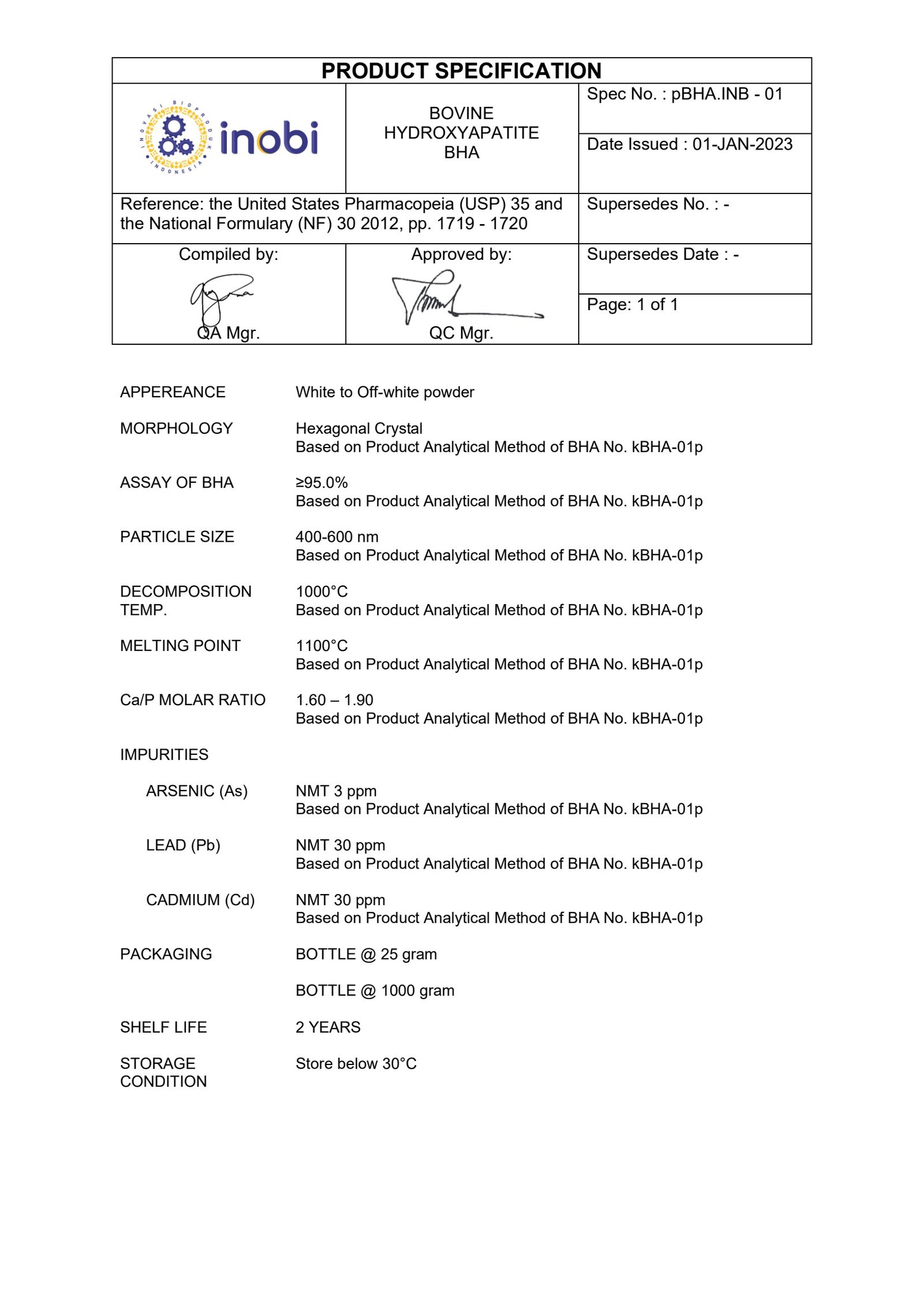Spesifikasi Produk Bovine Hydroxyapatite (BHA) No. pBHA.INB-01 terbit 01 Januari 2023